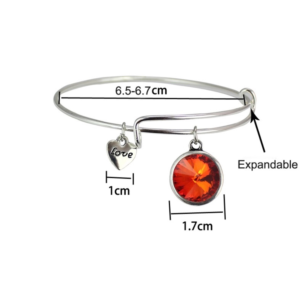 Birthstone Gemstone Charm Silver Bangle Bracelet - Picture 6 of 8